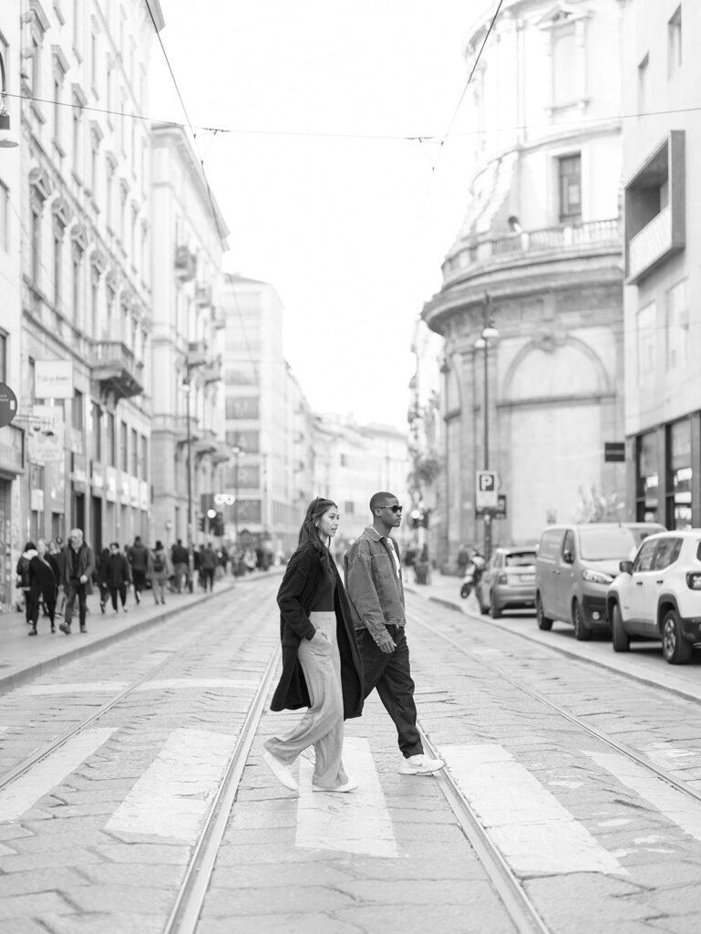 couple walking during engagement session milan